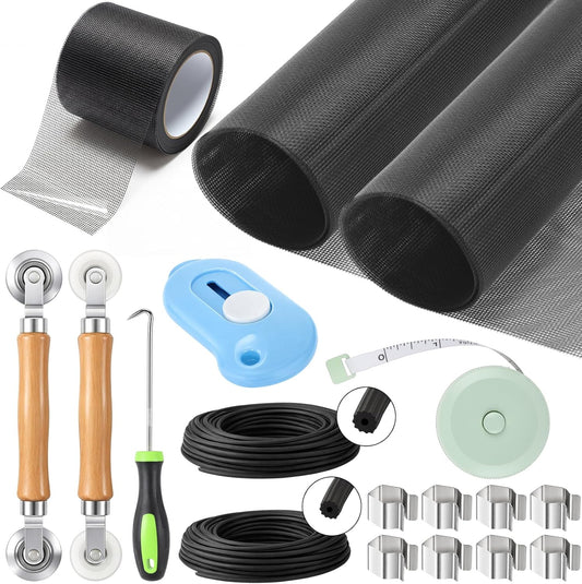 18 Pcs 48"x118" Window Screen Repair Kit Included 2 Rolls Fiberglass Mesh 4"x30ft Screen Repair Tape 8 Clips with Spline, Double Wheel Roller, Hook, Measuring Tape, and Cutter for Door Window