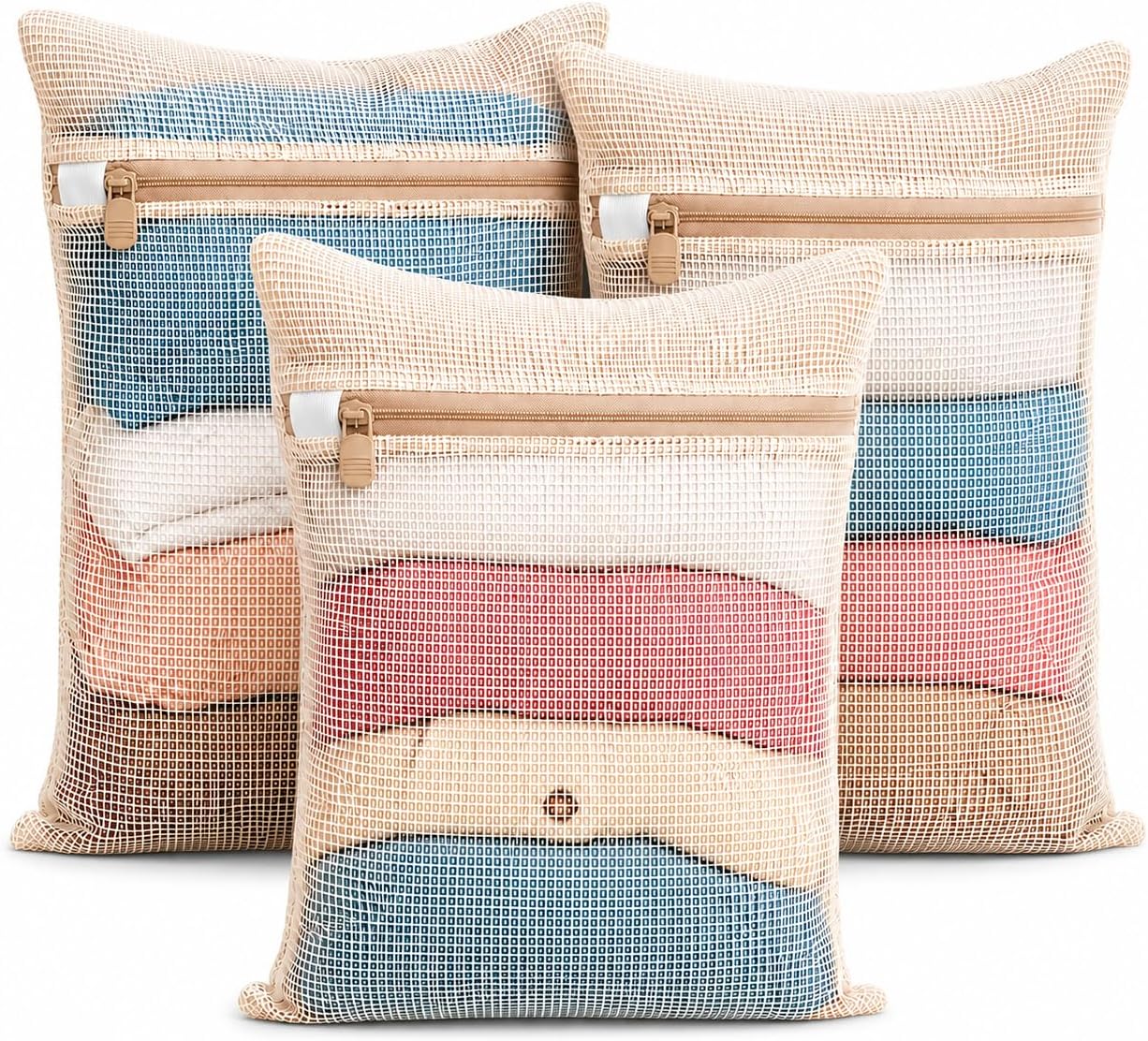 3-piece set extra-large 20×23.6 inch durable organic cotton mesh laundry bags, with sturdy zippers and breathable mesh, perfect for delicate items like underwear, clothes, pants, and socks.