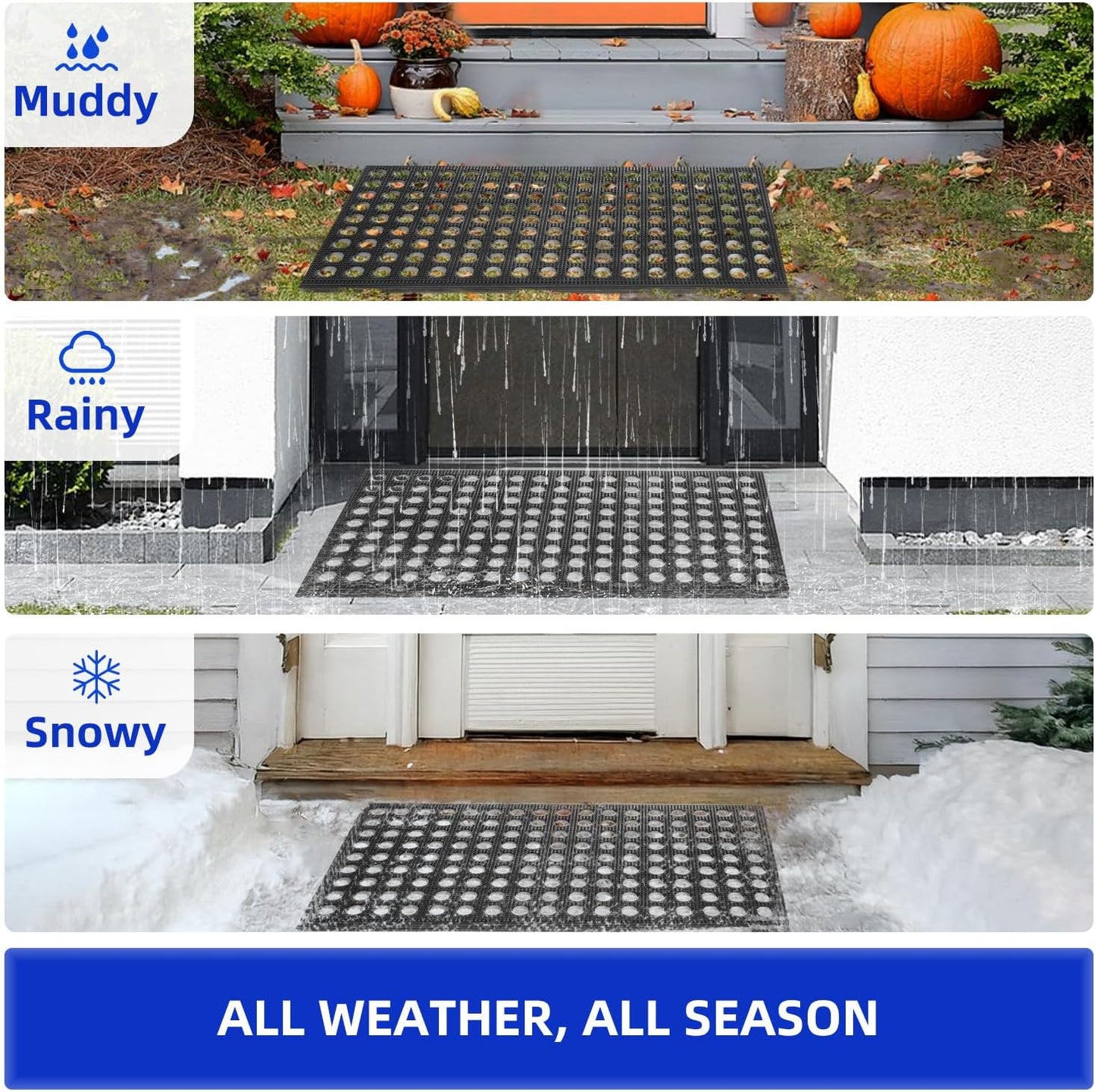 Mibao Front Door Mat Outside Entrance, Heavy Duty Welcome Rubber Doormat Waterproof, All Weather Dirt Trapper Non-Slip Drainage Doormat, Entry Mat for Garage Home Pool Commercial, 17" x 29.5", Black