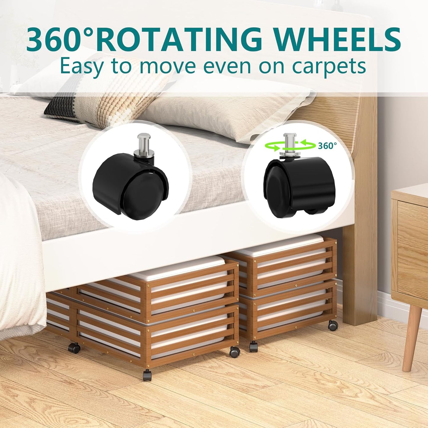 Wisuce 2 Packs Bamboo Under Bed Storage Organizer with Wheels White Small | 360° Lockable Wheels,120lbs Load Capacity, Multi-scene ,Dustproof Clear Storage Bag, Large Capacity,Easy Quick Assembly