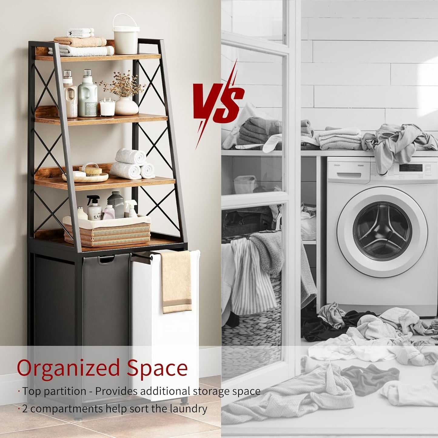 Herture Laundry Basket, 3 Section Laundry Hamper with 4 Tiers Shelf, Pull-Out and Removable Laundry Bags, Large 3 x 15.87 Gallons, for Laundry Room Bathroom Rustic Brown PF05XLN
