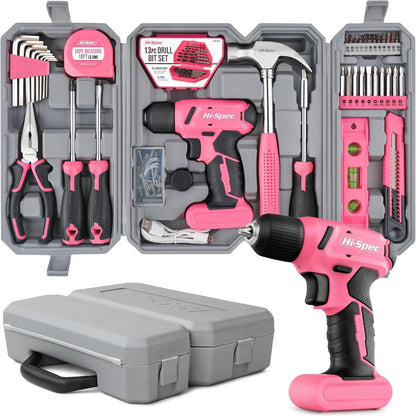 Hi-Spec Tool Kit with 3.6V USB Small Electric Screwdriver Set, Pink Drill Set for Women, Tool Kit for Home