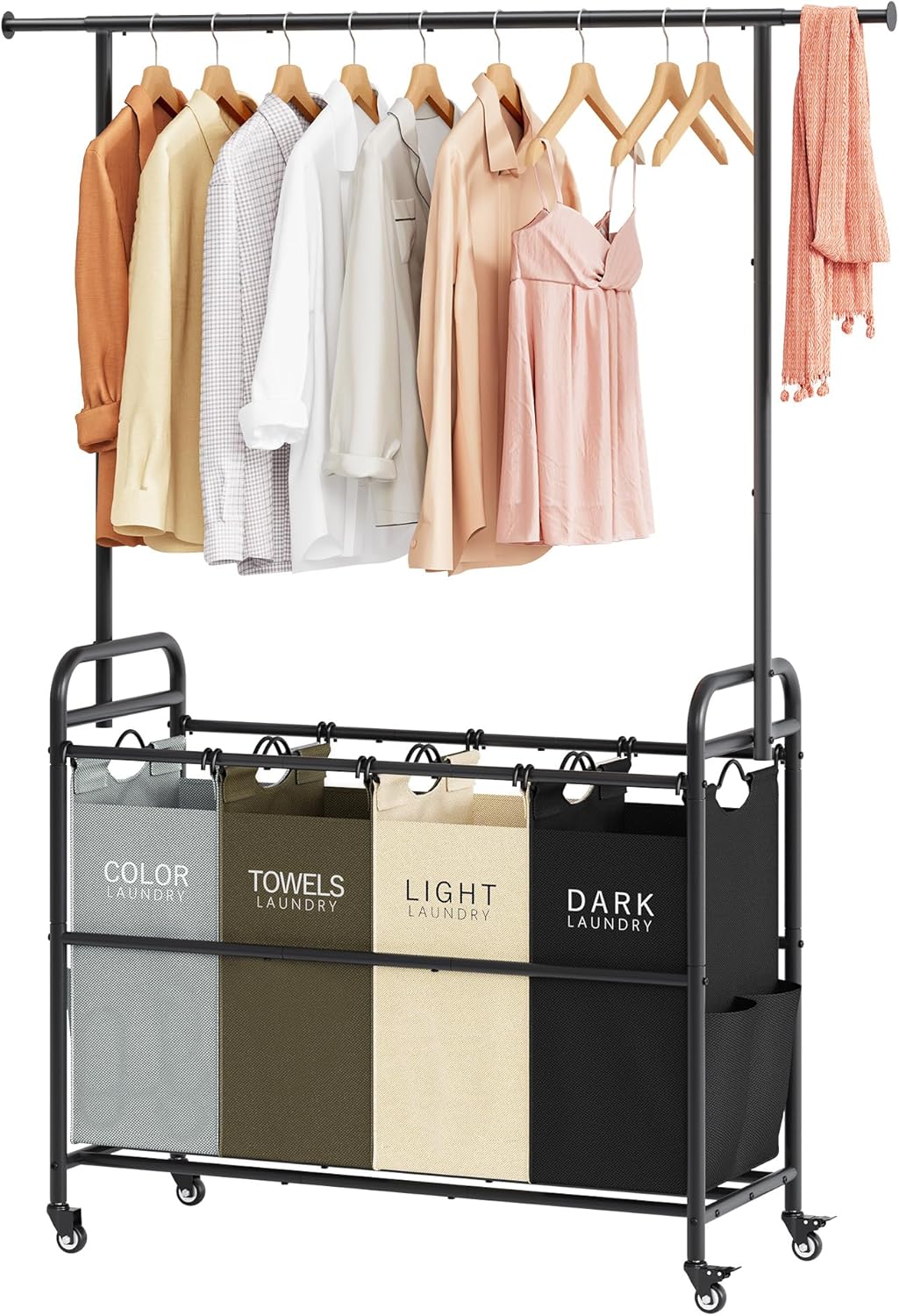 Tajsoon Laundry Hamper with Hanging Rack, 3 Section Laundry Sorter with Heavy Duty Lockable Wheels, Laundry Basket Organizer for Dirty Clothes Storage, 3 Beige