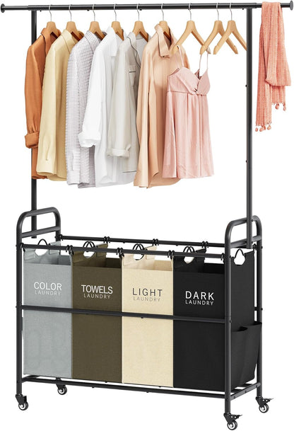 Tajsoon Laundry Hamper with Hanging Rack, 3 Section Laundry Sorter with Heavy Duty Lockable Wheels, Laundry Basket Organizer for Dirty Clothes Storage, 3 Beige