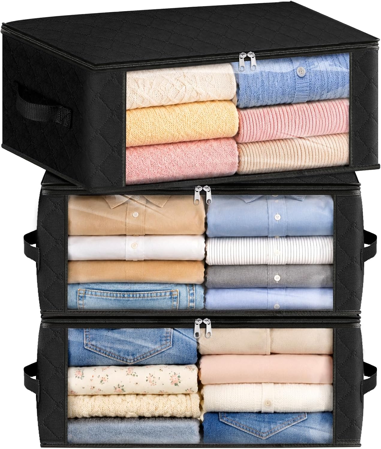 Fab totes 6 Pack Storage Bags for Clothes and Blanket, Foldable Closet Organizers and Storage with Zippers, Clear Window and Handles, Fabric Storage Bins for Sweater, Comforter, Bedding,Linen Sheets