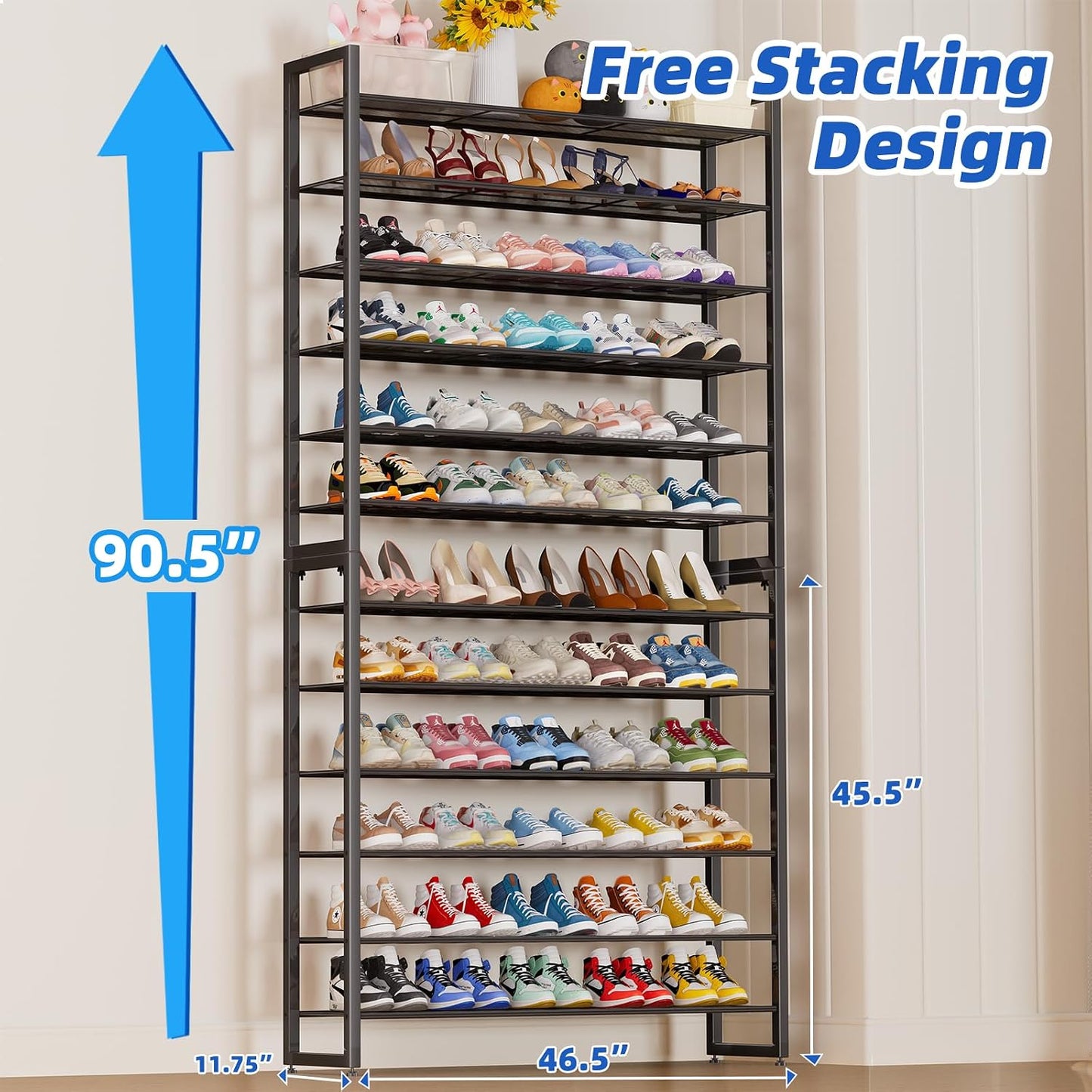 Simple Trending Tall Shoe Rack Storage Holds 40 Pairs, 10 Tier Shoe Organizer Shelf Large Capacity for Entryway Closet, Black