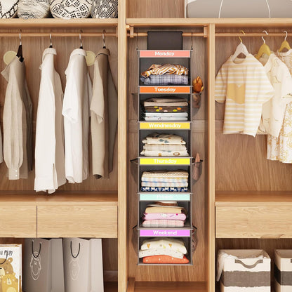 Fixwal 2 Pack 6-Shelf Weekly Hanging Closet Organizer for Kids, Kids Daily Clothes Organizers with 6 Side Pockets, Days of The Week Hanging Storage Shelves (White)