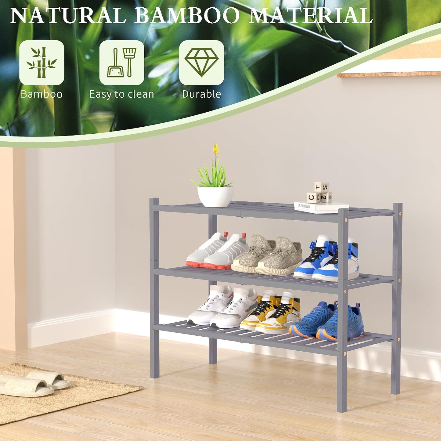 ROMGUAR CRAFT 3 Tier Bamboo Shoe Rack for Closet Free Standing Wood Shoe Shelf Storage Organizer for Entryway Small Space Stackable 27"x11"x20" (Natural)