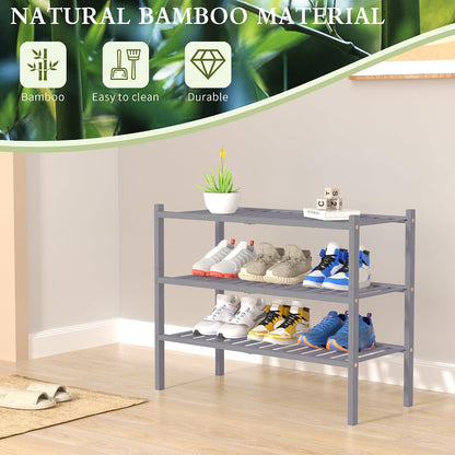 ROMGUAR CRAFT 3 Tier Bamboo Shoe Rack for Closet Free Standing Wood Shoe Shelf Storage Organizer for Entryway Small Space Stackable 27"x11"x20" (Natural)