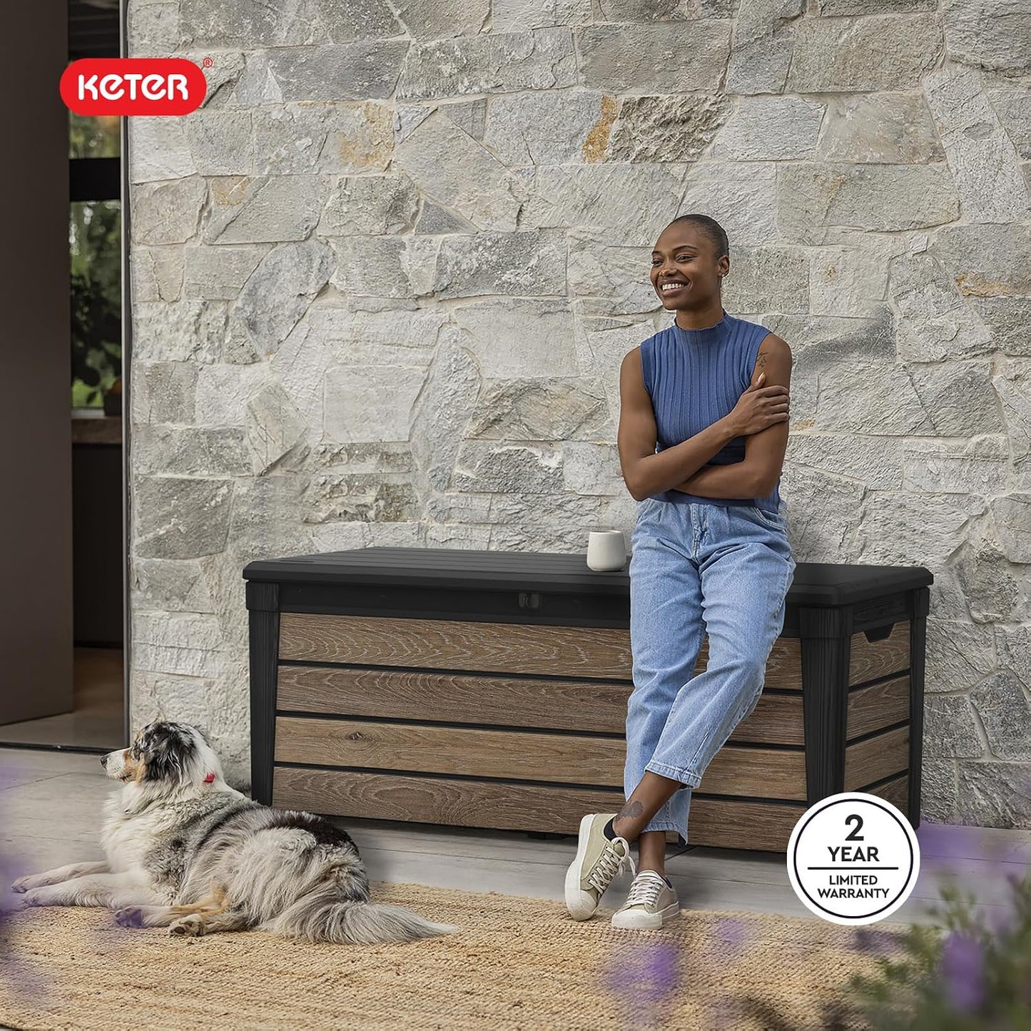 Keter Signature Everwood 30 Gallon Resin Outdoor Storage Box and Patio Furniture Side Table for Pool and Garden Accessories, Walnut