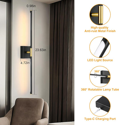 Morauroral Battery Operated Wall Sconces Set of 2, 10000mAh Rechargeable Sconces, 3000K-6000K Dimmable LED Wall Lamp with Remote, 24 Inch Black Gold Wireless Wall Lights for Bedroom, Living Room