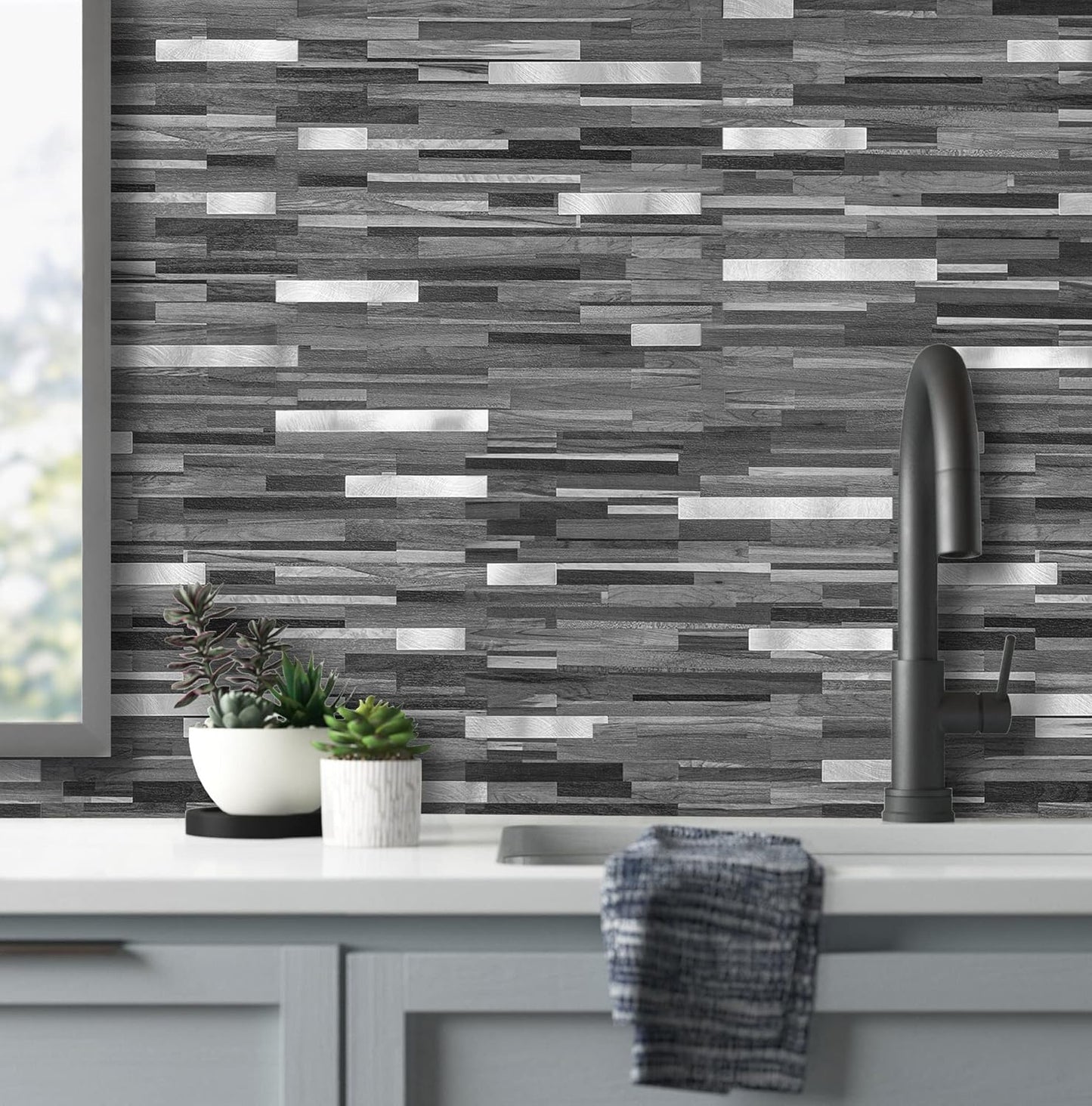 AULIGET 20 Sheets Peel and Stick Backsplash, Black & Grey Wood Look PVC Mixed Metal Stick on Backsplash Tiles for Kitchen
