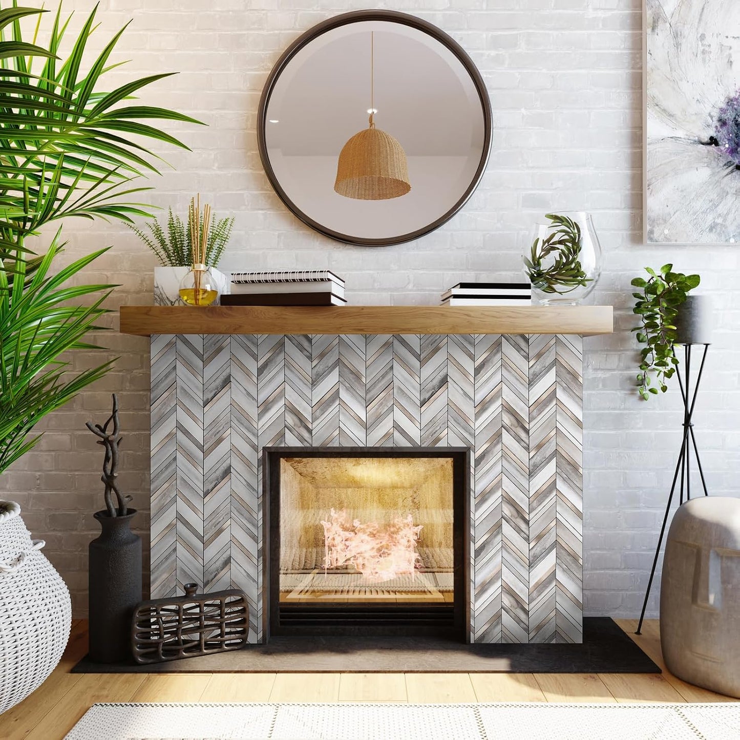 Yipscazo 10-Sheet Herringbone Backsplash Peel and Stick Tile, Polished White PVC Stick on Backsplash for Kitchen, Waterproof Self Adhesive Wall Tile for Bathroom
