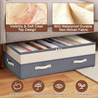 Dolicer 2 Pack Under Bed Storage with Wheels, 6in-10in Height Adjustable Underbed Storage Containers, 92L XXXL Under Bed Drawers Rolling Bin with Clear Lids for Dorm Shoes Clothes Organizers(Grey)