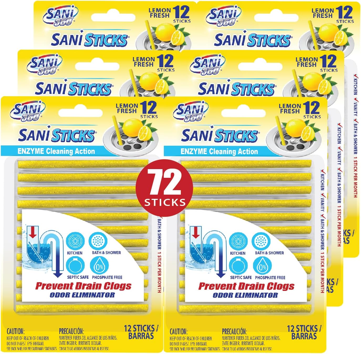 SANI 360° Sani Sticks Drain Cleaner and Deodorizer, 24 Count, Lemon Scent Enzyme Pipe Cleaners, Eliminate Odors, Prevent Clogged Drains, Safe for Sinks, Bathtub Drains, Septic Tanks
