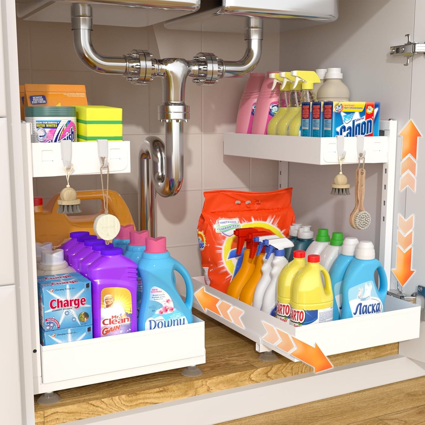 TATAANTY Under Sink Organizer, L-Shaped Metal 2-Tier Double Pull-Out Drawer for Kitchen & Bathroom Cabinets, Adjustable Height Storage - 50lbs Heavy Duty Waterproof 2PCS Height Adjustable