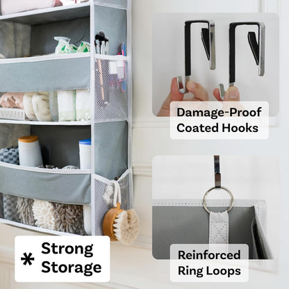 OOH SO Tidy Over Door Organizer - 5-Tier Hanging Organizer with 5 Large Pockets & 10 Mesh Pockets - Ideal for Craft Room, Nursery, Kids Room, Dorm Storage & Shoe Organization (Grey, 15 x 55.5 x 6.5”)