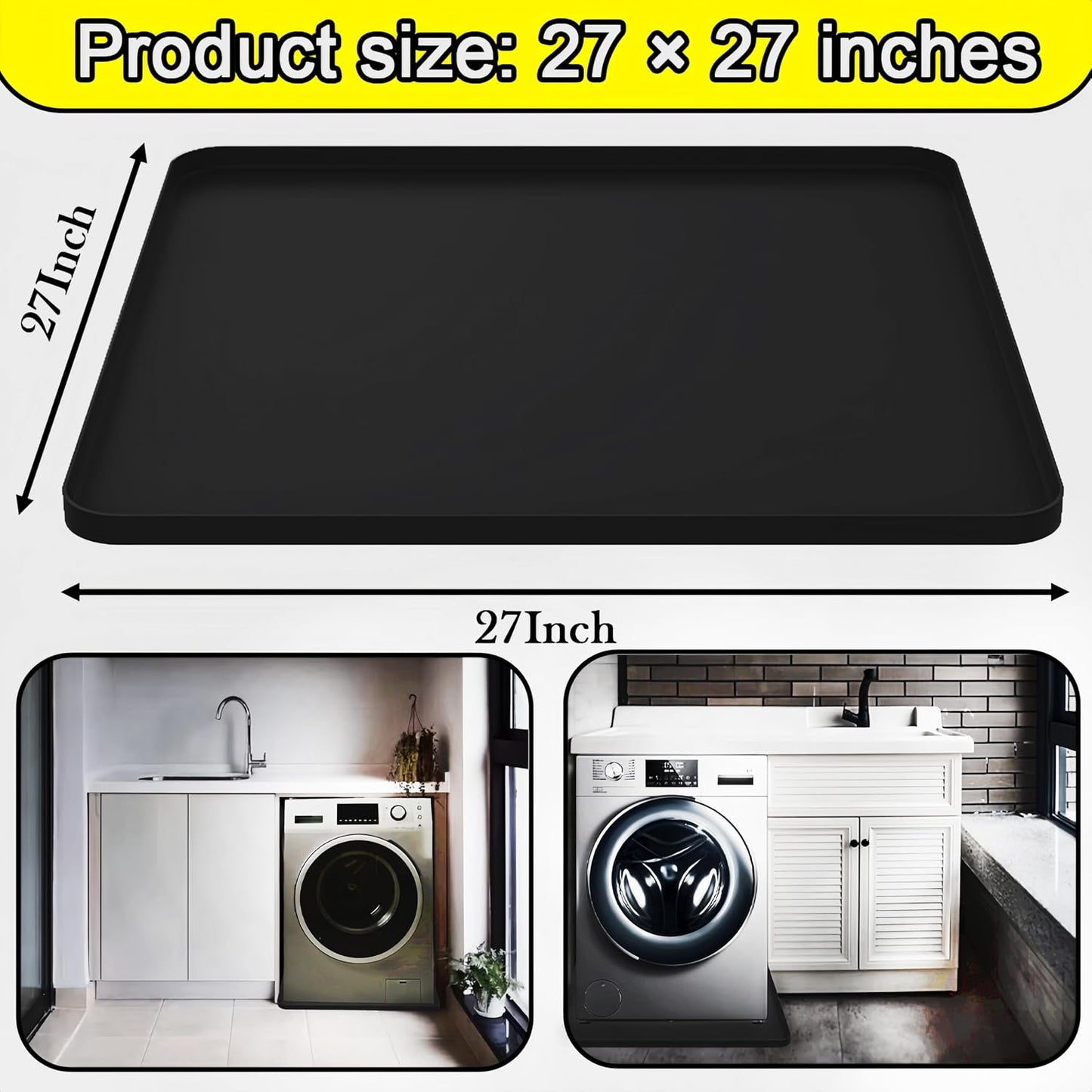 27×27inch Washer Drain Pan Silicone Mat, With Raised Edge Washing Machine Silicone Mat, Multi-function Non Slip, Soft Foldable Portable Waterproof Pad（grey）