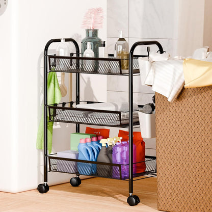 5-Tier Rolling Cart, Stackable Fruit Vegetable Rack, Kitchen Mesh Storage Basket with 360 Degree Wheels, Snack Cart for Kitchen Pantry Bathroom Organizer Heighten Guardrail Detachable (5-Tier Black)
