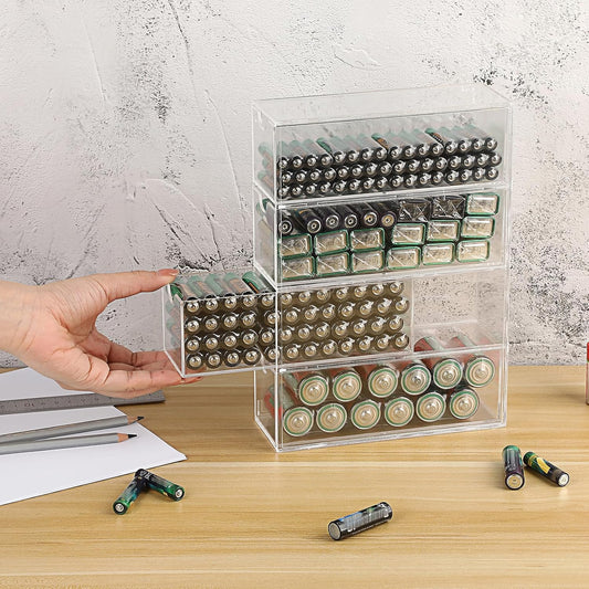 BTSKY 1 Pack Clear Acrylic Battery Storage Organizer for AA, AAA, 9V, C Batteries, 4-Drawer Storage Box Battery Holder Organizer for Common Types Batteries, Household Container(Batteries Not Included)