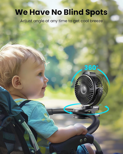 Koonie Portable Clip On Fan, Small Rechargeable Battery Operated, 3 Speed Mini clamp Fan With LED Display, 360° Rotate Personal Cooling Desk Fan for Stroller Bed Travel Camping Golf Gym