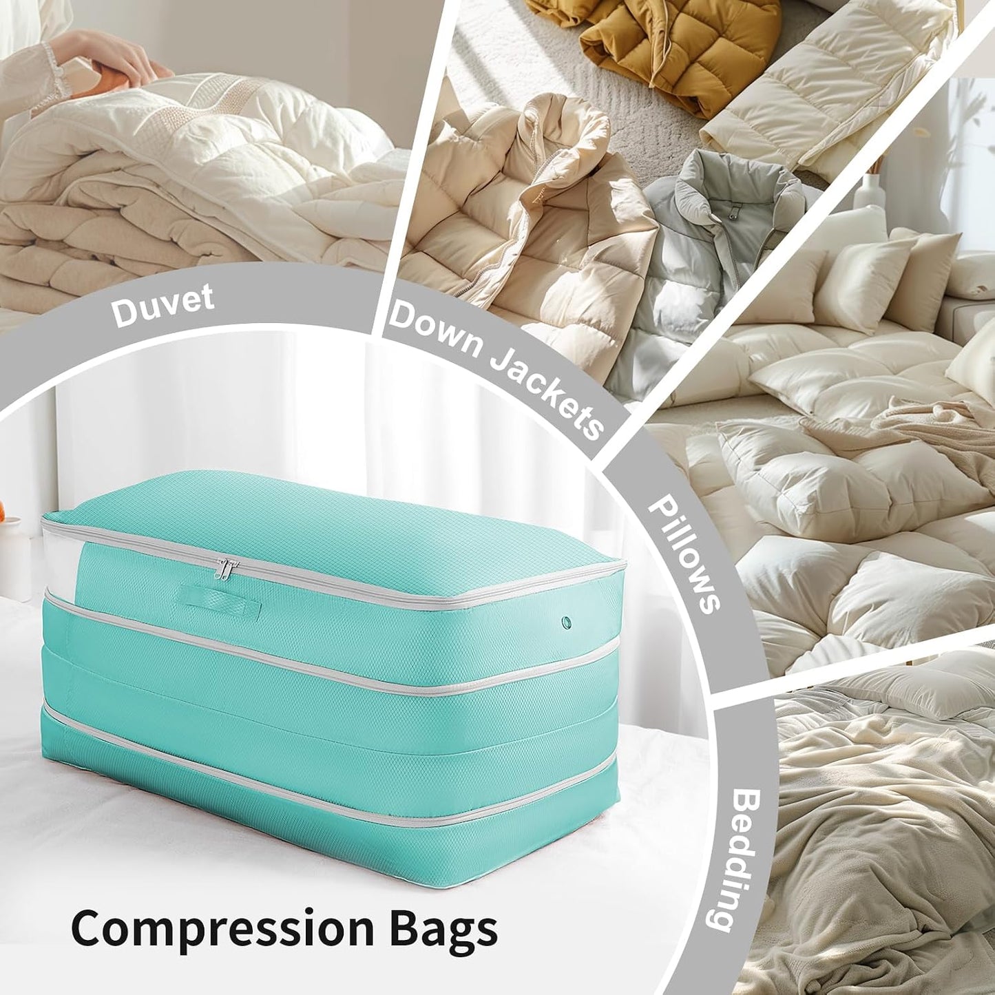 Comforter Storage Bag - Large Capacity Bedding Storage Bags Ultra Space Saving Self Compression Organizer, Washable Compression Bags for Storage Comforter Blanket Duvet Pillow, 2-Pack, Beige