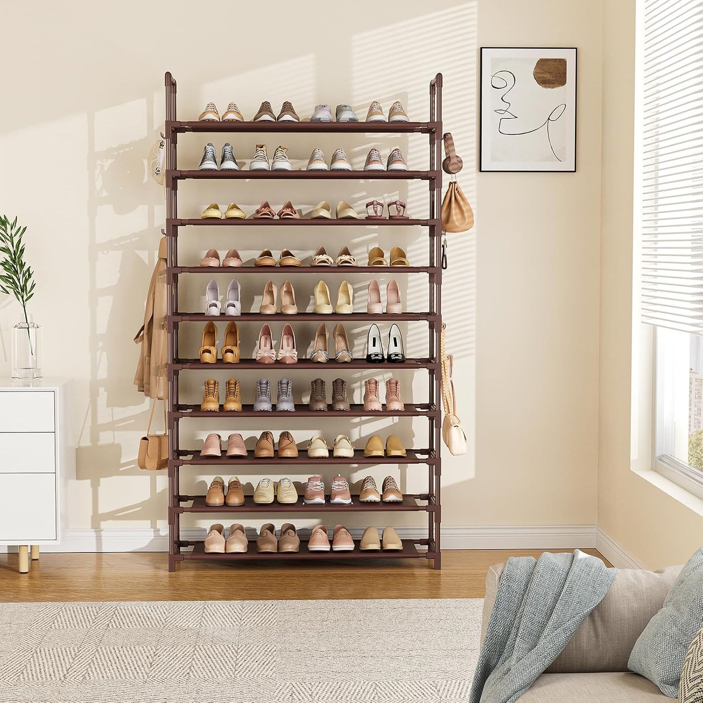LANTEFUL 10 Tiers Tall Shoe Rack 20-25 Pairs Boots Organizer Storage Sturdy Narrow Shoe Shelf for Entryway, Closets with Hooks, Black