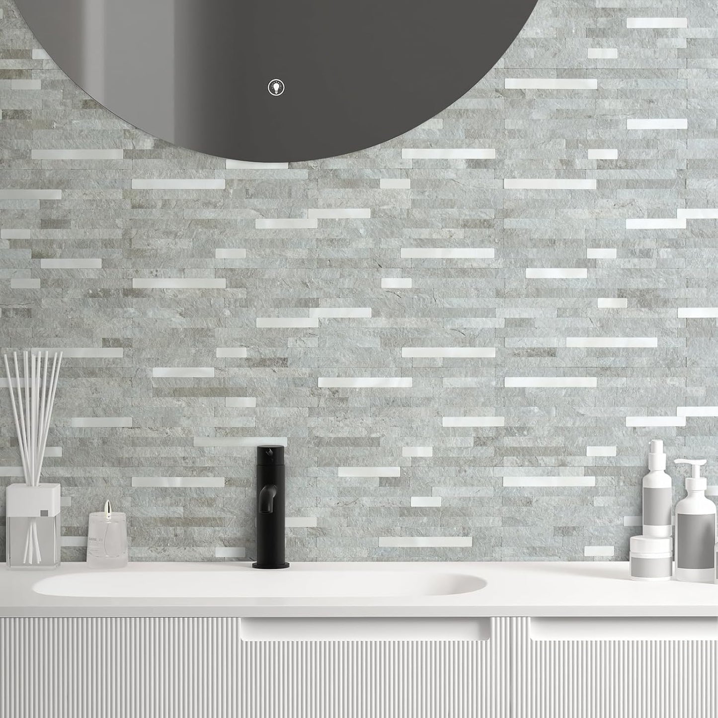 AULIGET 20 Sheets Peel and Stick Backsplash, Black & Grey Wood Look PVC Mixed Metal Stick on Backsplash Tiles for Kitchen