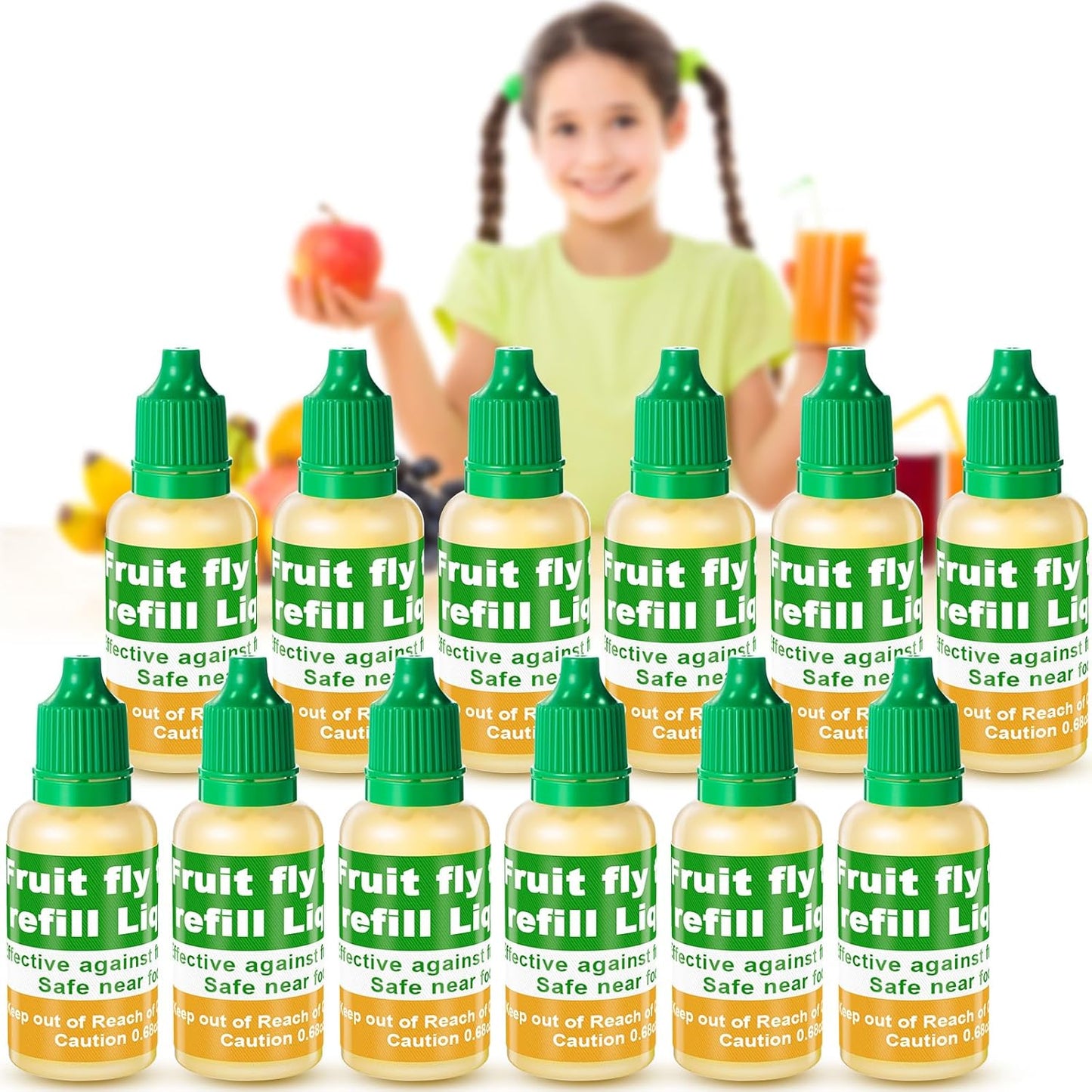 Qualirey Fruit Fly Trap for Indoor and Kitchen Use, 0.68 oz Each Bottle Fruit Fly Trap Refill Liquid, Ready to Use, Safe Near Food, Efficient Lure Refill Liquid, Yellow(12 Pack)