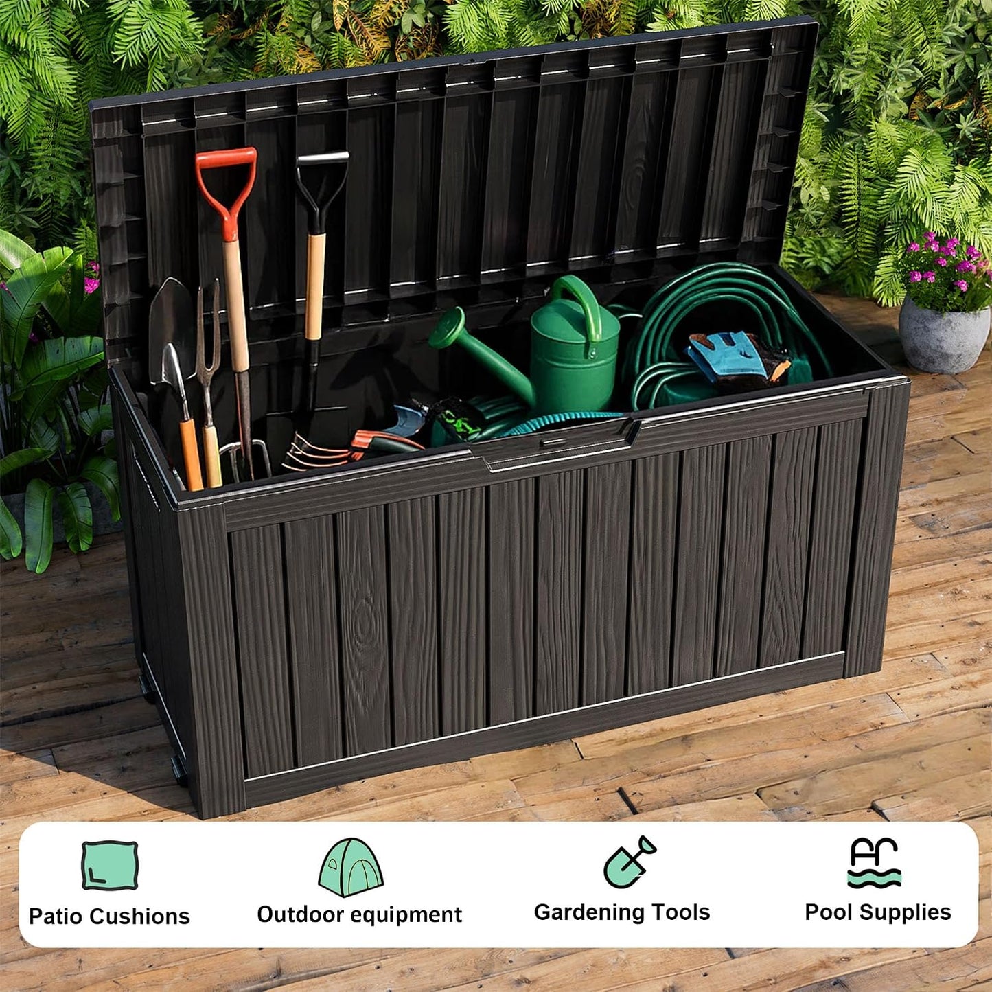 125Gal Outdoor Storage Box, Lockable Deck Box with Hydraulic Lid | Waterproof UV-resistant, Durable outdoor bin for patio cushions, pool accessories & garden tools. Keeps contents secure & dry