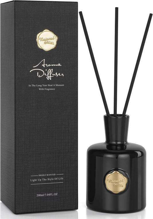 XEPTLE Reed Diffuser Set, 7.04 oz Oud & Bergamot Scent Diffuser with 5 Sticks, Long Lasting Air Freshener, Essential Oil Reed Diffuser for Home, Home Fragrance for Office, Bathroom Shelf Decor, Black