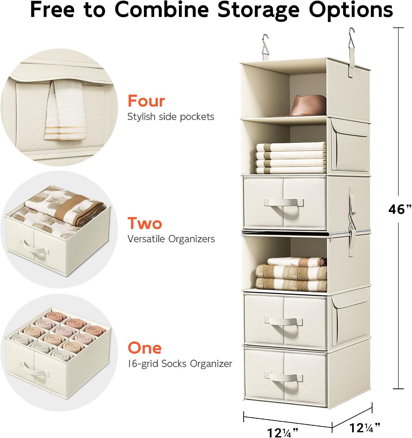Vailando 6-Shelf Hanging Closet Organizer with 3 Drawers, 2 Separable 3-Shelf Closet Organizers and Storage for Wardrobe Organization, Hanging Dresser for Nursury & Dorm Clothes Organizer