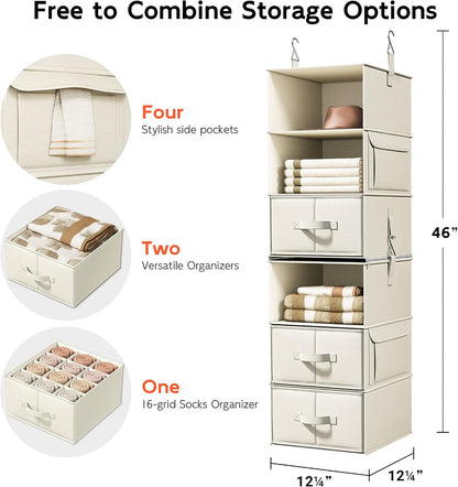 Vailando 6-Shelf Hanging Closet Organizer with 3 Drawers, 2 Separable 3-Shelf Closet Organizers and Storage for Wardrobe Organization, Hanging Dresser for Nursury & Dorm Clothes Organizer