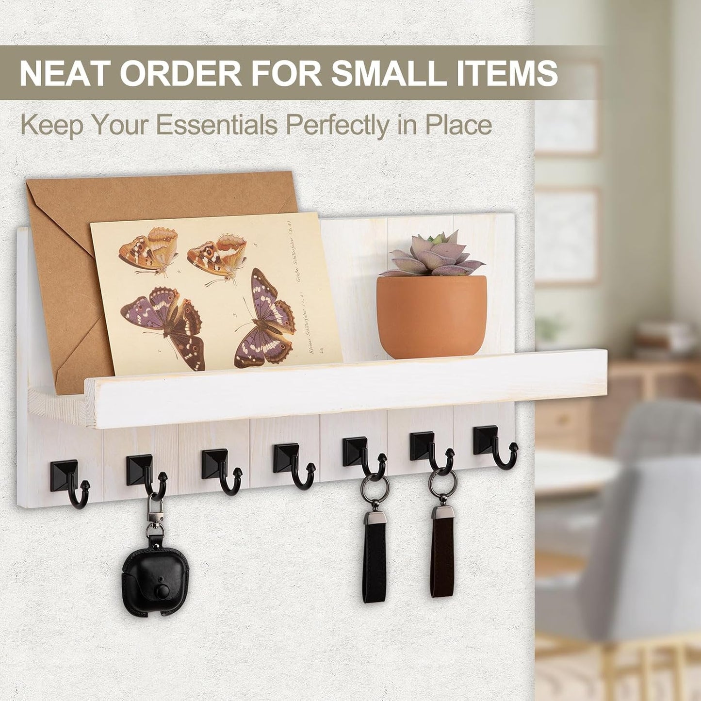 Key Holder for Wall, Decorative Key Holder with Shelf, Key and Mail Holder Wall Mount, Farmhouse Decor with 5 Key Hooks for Keys, Coats, ect.