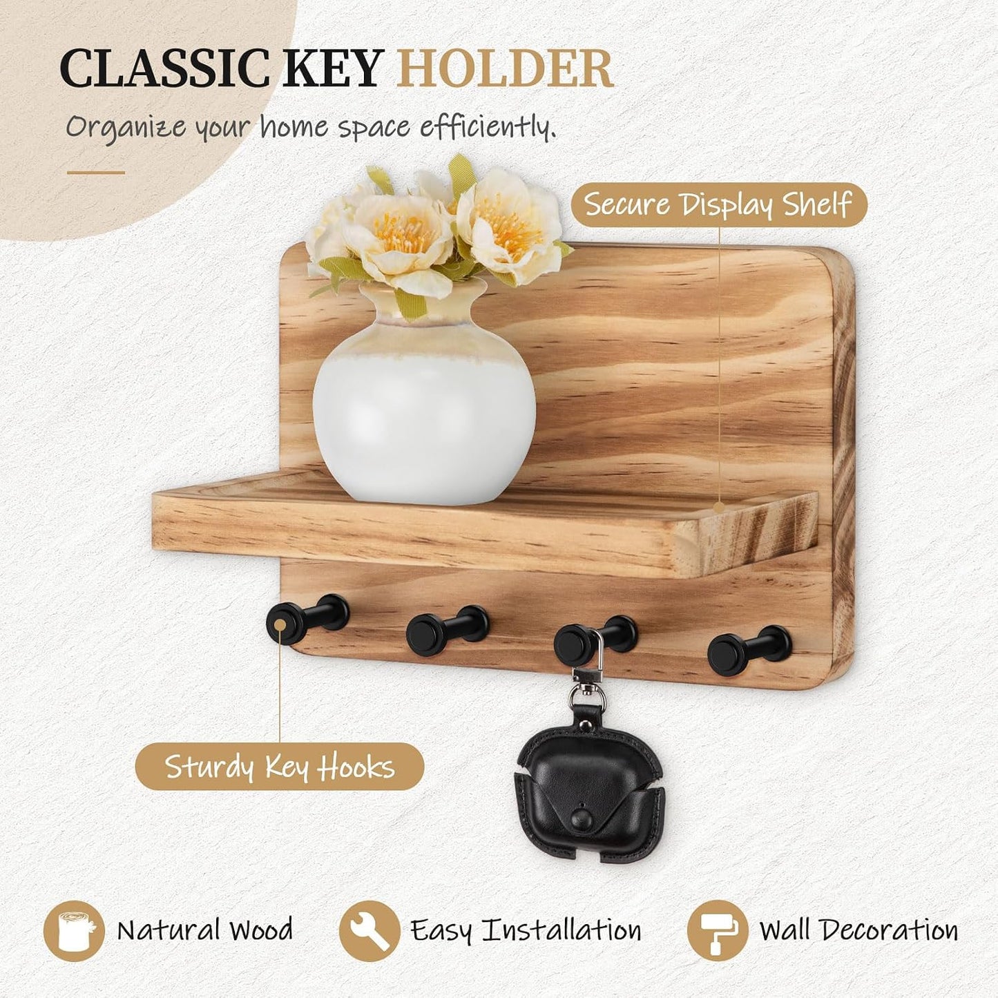 Nekon Key Holder for Wall with Shelf, Pine Wooden Key Hanger Wall Mounted, Farmhouse Wall Organizer for Home Entryway & Apartment (Standard, Wood)