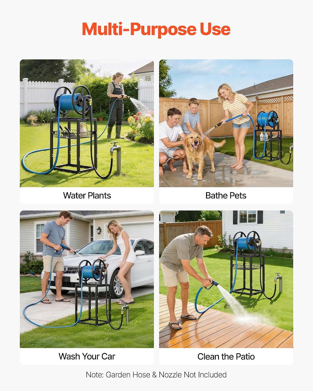 VEVOR Wall Mounted Garden Hose Reel, Holds 125 ft 5/8-inch Hose, Heavy-Duty Water Hose Winder, Space-Saving Design, Outdoor Manual Reel with Brass Fitting and Storage Basket for Yard Lawn