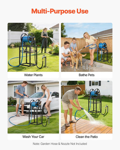 VEVOR Wall Mounted Garden Hose Reel, Holds 125 ft 5/8-inch Hose, Heavy-Duty Water Hose Winder, Space-Saving Design, Outdoor Manual Reel with Brass Fitting and Storage Basket for Yard Lawn
