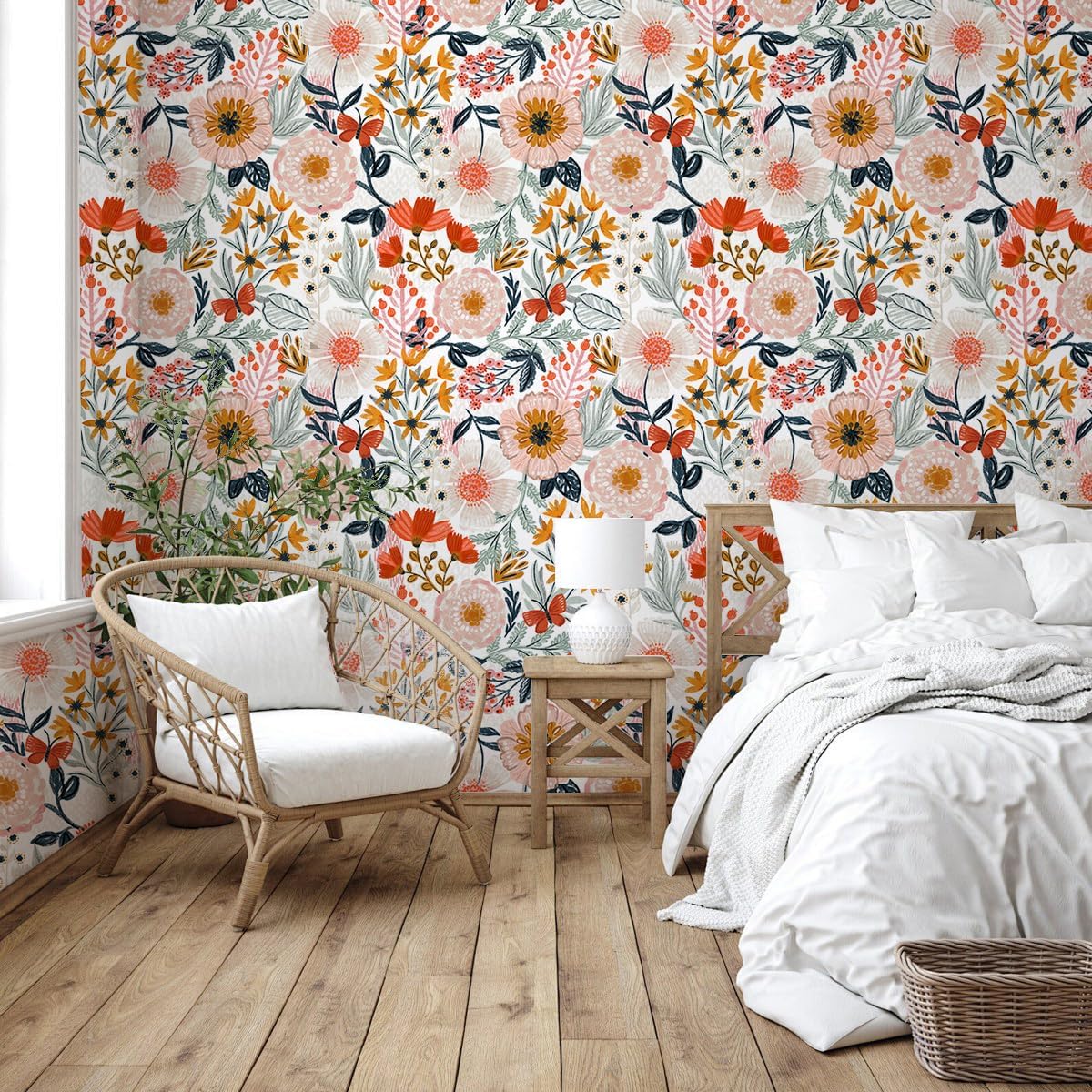 HAOKHOME Boho Peel and Stick Wallpaper Floral Wall Paper Removable for Bedroom Navy/Pink/Orange Contact Paper 17.7in x 9.8ft
