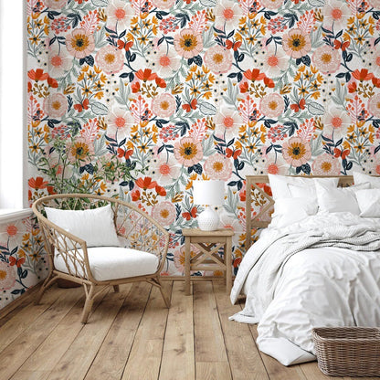 HAOKHOME Boho Peel and Stick Wallpaper Floral Wall Paper Removable for Bedroom Navy/Pink/Orange Contact Paper 17.7in x 9.8ft