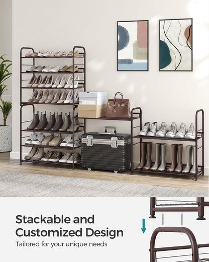 SONGMICS Stackable Shoe Rack, 4 Tier Metal Shoes Rack Storage Shelf, Holds up to 16 Pairs Shoes, Adjustable Slanted Shelves Shoe Tower Organizer for Closet Entryway Small Spaces, Black