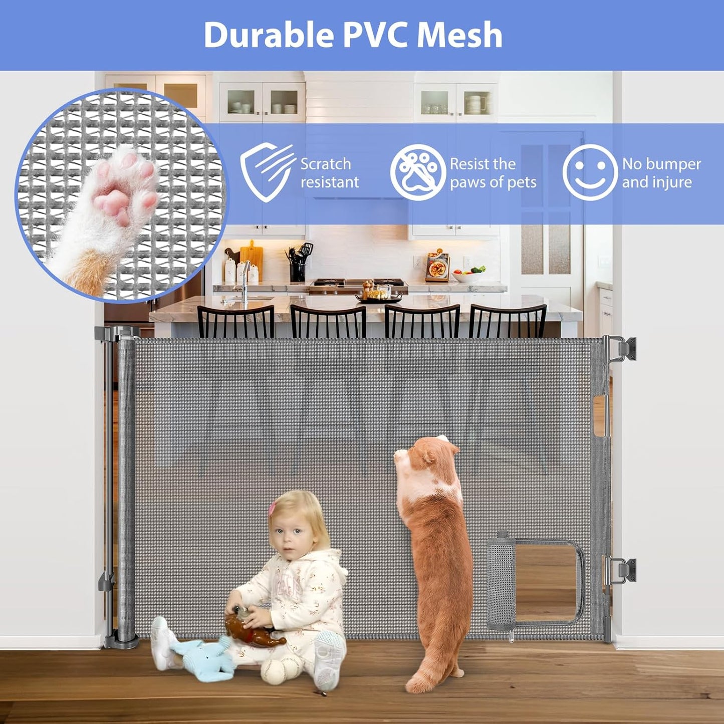 Retractable Baby Gate with Cat Door 55" Wide Retractable Baby Gate for Stairs Mesh Baby Gate with Pet Door Retractable Dog Gate for The House Retractable Pet Gate with Door Safety Gates for Toddlers
