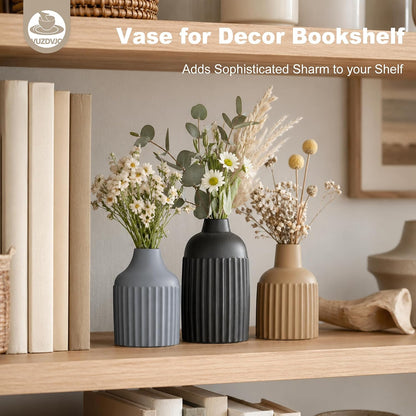Beige Decorative Vase Set of 3 - Modern Boho Style Ribbed Ceramic Bud Vases for Flowers, Mini Small Vases for Shelf, Shelves, Bookshelf, Entryway Table & Home Decor Aesthetic (Beige White)