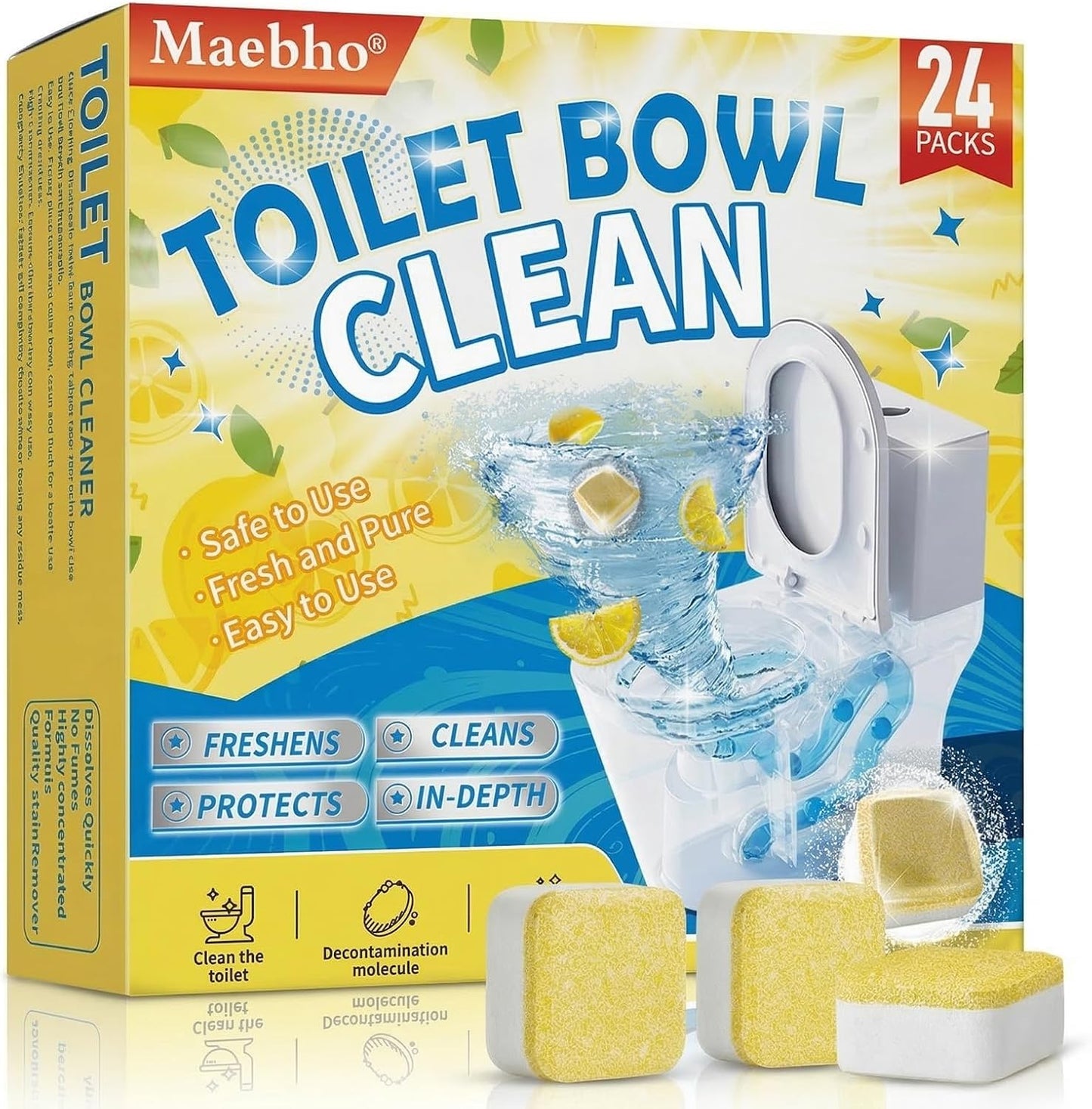 Toilet Bowl Cleaner Tablets – Lots of Foam Deodorizer & Septic Safe, Odor Eliminator, Stain Remover for Long-Lasting Freshness,No Harsh Chemicals,– Fresh Lemon Scent 24 Pack
