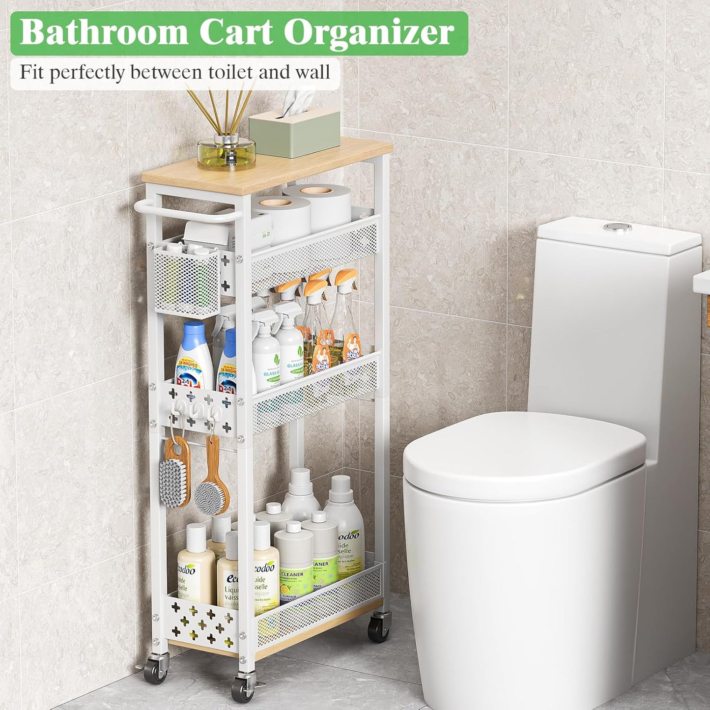 4 Tier Slim Rolling Storage Cart, Laundry Room Cart on Wheels, Small Metal Bathroom Cart Kitchen Organizer Trolley with Handle and Mesh Basket, 7.1 inch Width for Narrow Space, Black