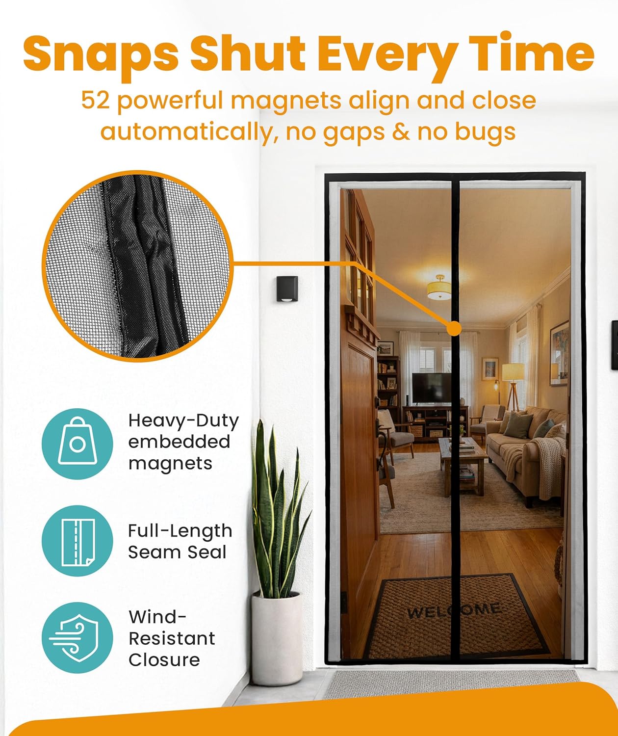 Flux Phenom Magnetic Screen Door - Bugs Out, Breeze in - 9min Install Auto-Sealing Heavy Duty Double Stitched Mesh, 52 Magnets, Hands Free Sliding & Patio Doors Net, Pet & Kid Friendly, 38 x 82 Inch