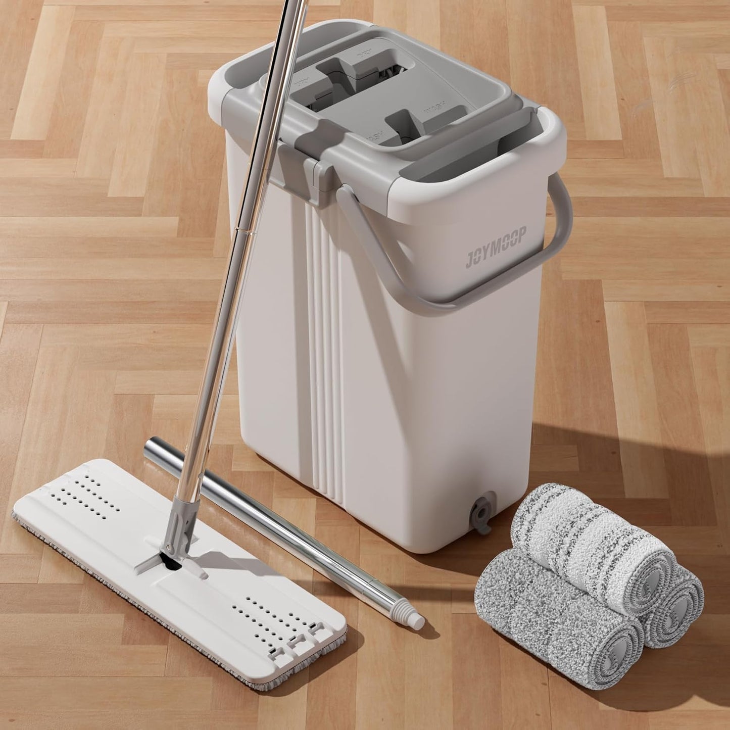 JOYMOOP Mop and Bucket Set, Flat Mops for Floor & Wall Cleaning, Commercial & Household Use, Hardwood Floor Mop with Long Handle & 4 Microfiber Pads