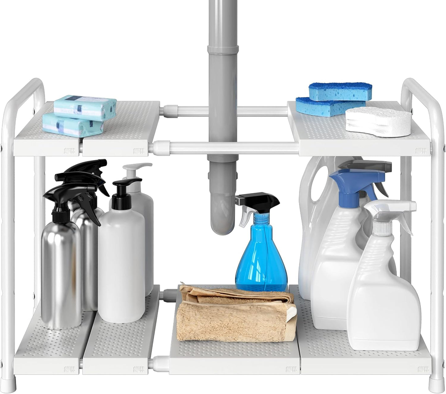 Simple Houseware Under Sink 2-Tier Heavy Duty Expandable Rack Organizer, Adjustable Width 15.75–25 Inches with 4 Shelf Height Levels, Silver