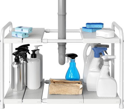 Simple Houseware Under Sink 2-Tier Heavy Duty Expandable Rack Organizer, Adjustable Width 15.75–25 Inches with 4 Shelf Height Levels, Silver