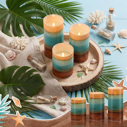 Tujoe 3 Pcs Summer Ocean Flameless Candles Teal Beach LED Battery Pillar Candles Set Battery Operated Coastal Nautical Decorations Flickering Gifts with Remote Decorations for Holiday