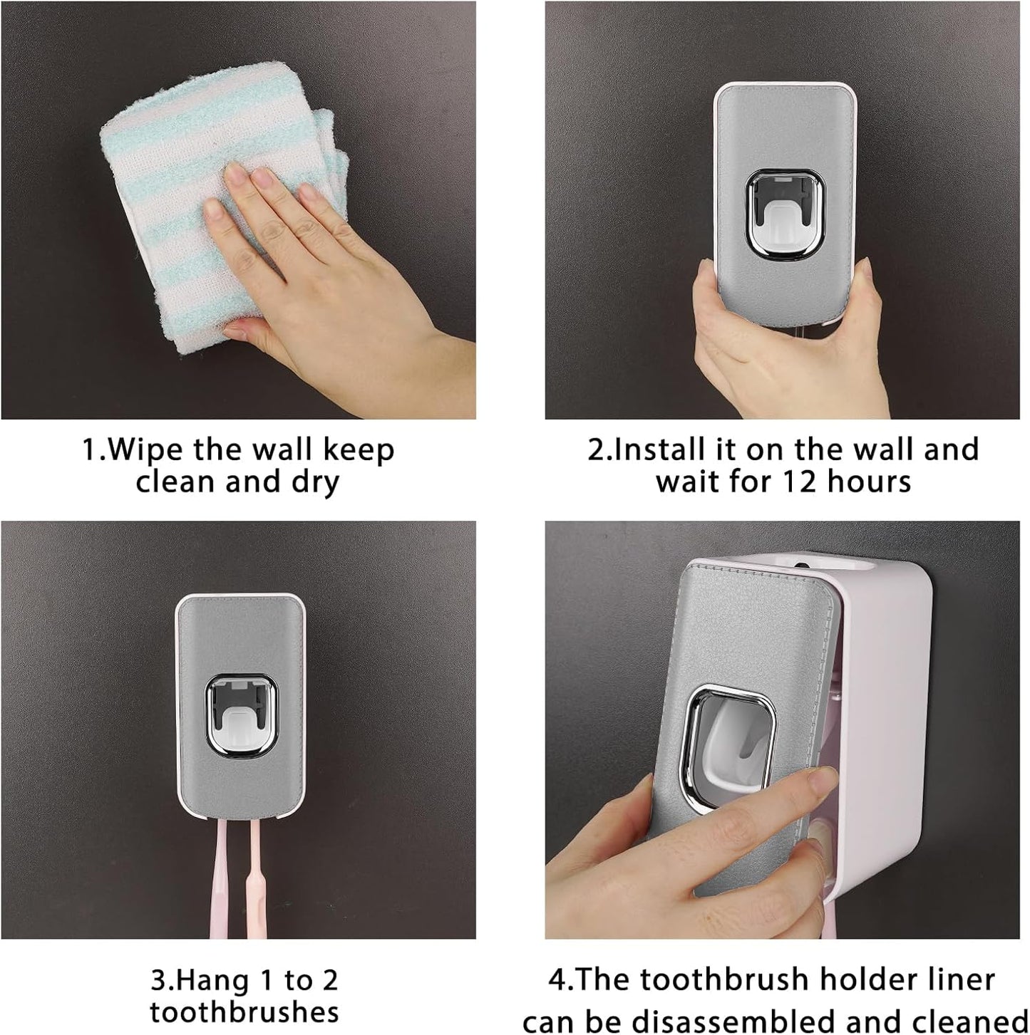 2 Slot Toothbrush Holder and Toothpaste Dispenser Wall Mounted, Automatic Toothpaste Squeezer, 2 in 1 Tooth Brush Toothpaste Organizer for Shower (Grey)